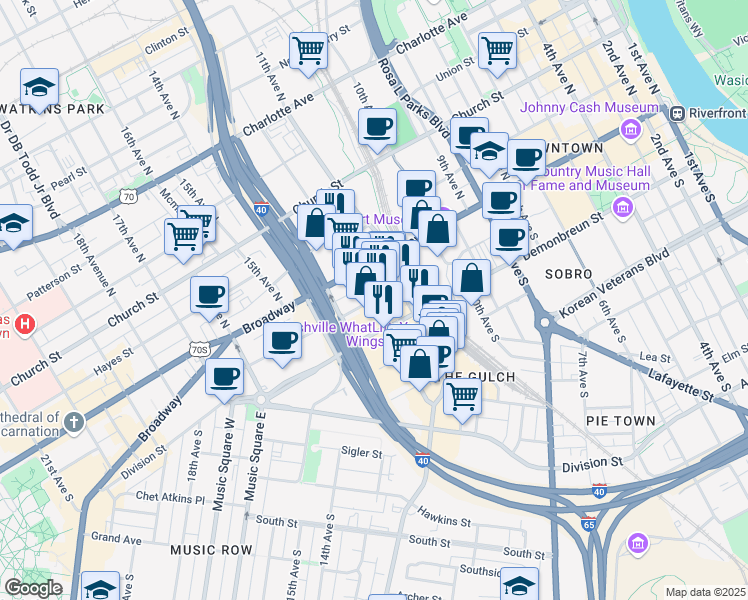 map of restaurants, bars, coffee shops, grocery stores, and more near McGavock Street in Nashville