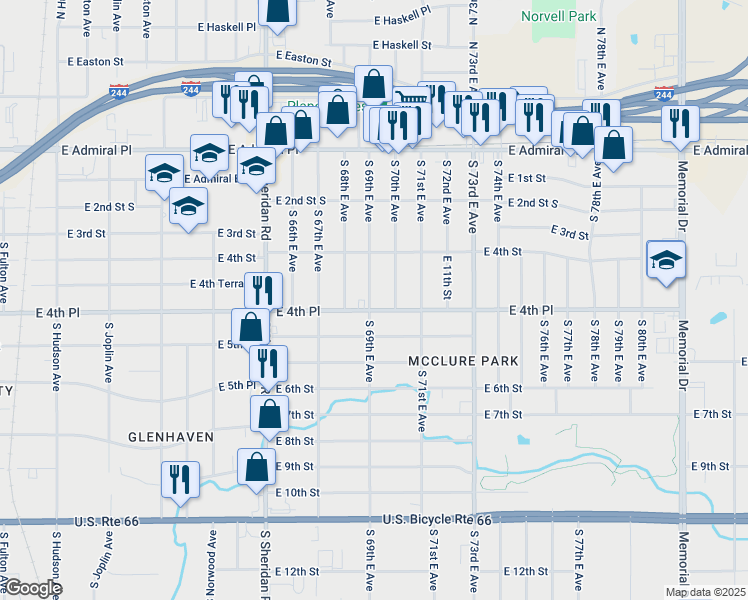 map of restaurants, bars, coffee shops, grocery stores, and more near 447 South 69th East Avenue in Tulsa