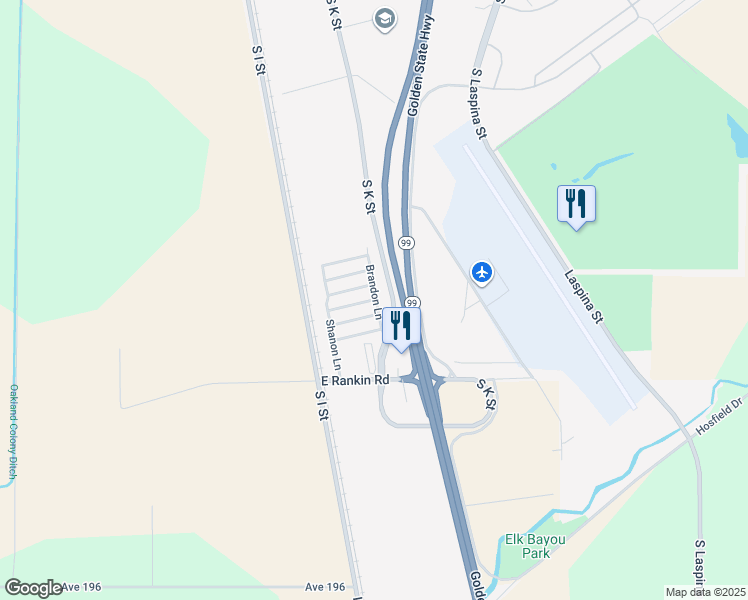 map of restaurants, bars, coffee shops, grocery stores, and more near Brandon Lane in Tulare