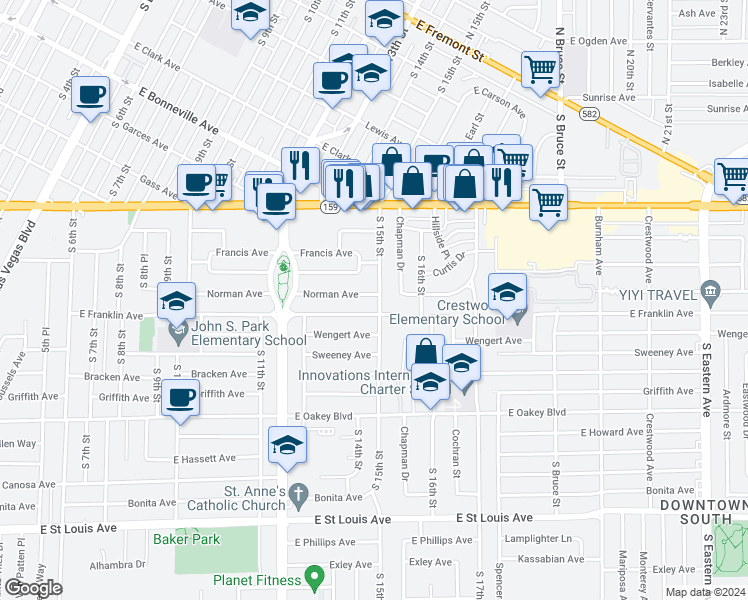map of restaurants, bars, coffee shops, grocery stores, and more near 1434 Norman Avenue in Las Vegas
