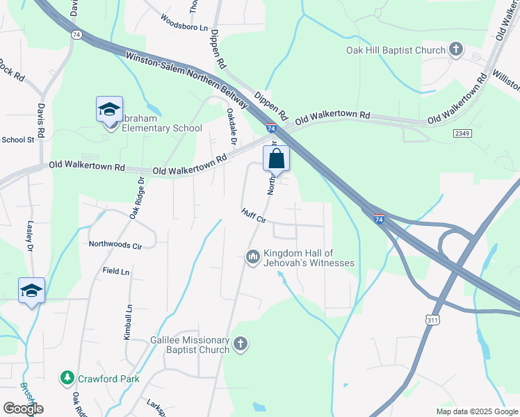 map of restaurants, bars, coffee shops, grocery stores, and more near 4408 Northampton Drive in Winston-Salem