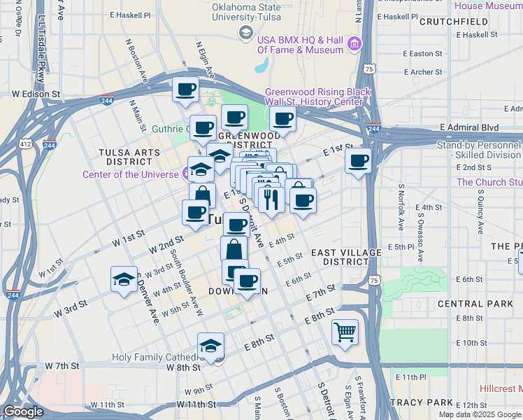 map of restaurants, bars, coffee shops, grocery stores, and more near 323 East 2nd Street in Tulsa
