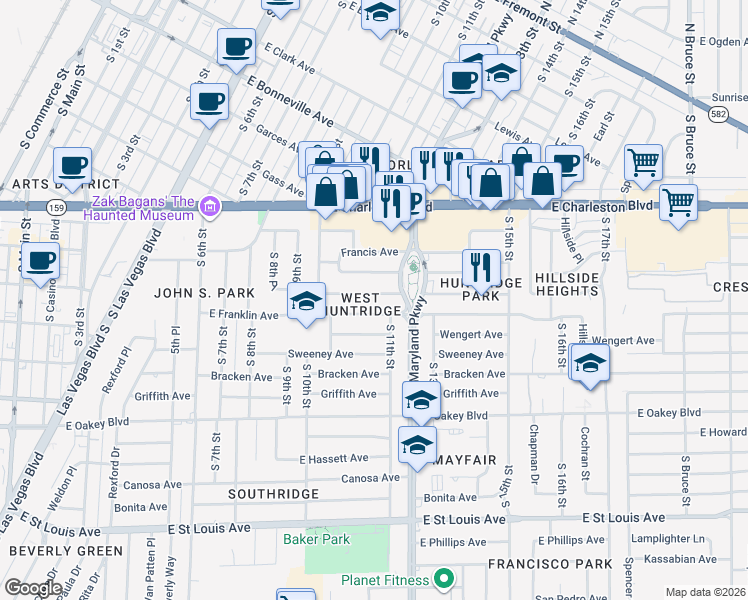 map of restaurants, bars, coffee shops, grocery stores, and more near 1121 Norman Avenue in Las Vegas