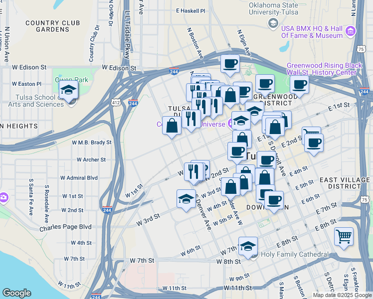 map of restaurants, bars, coffee shops, grocery stores, and more near 14 North Cheyenne Avenue in Tulsa