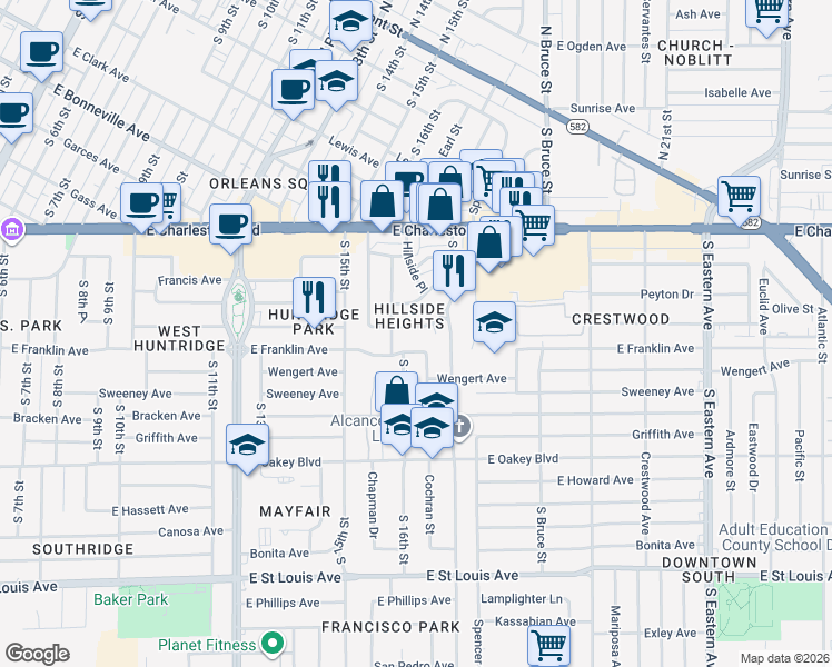 map of restaurants, bars, coffee shops, grocery stores, and more near 1625 Chapman Drive in Las Vegas