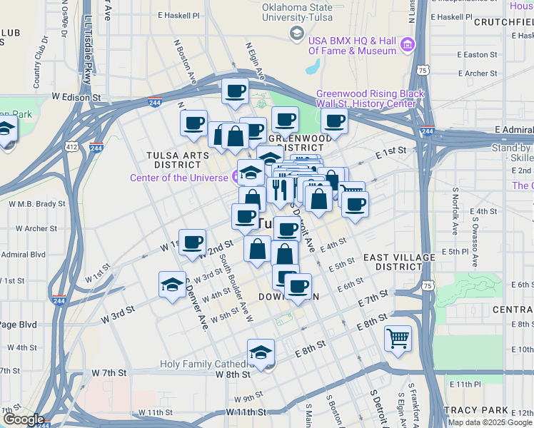 map of restaurants, bars, coffee shops, grocery stores, and more near 105 South Cincinnati Avenue in Tulsa