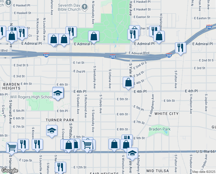 map of restaurants, bars, coffee shops, grocery stores, and more near 243 South Toledo Avenue in Tulsa
