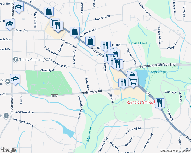 map of restaurants, bars, coffee shops, grocery stores, and more near 4528 June Avenue in Winston-Salem