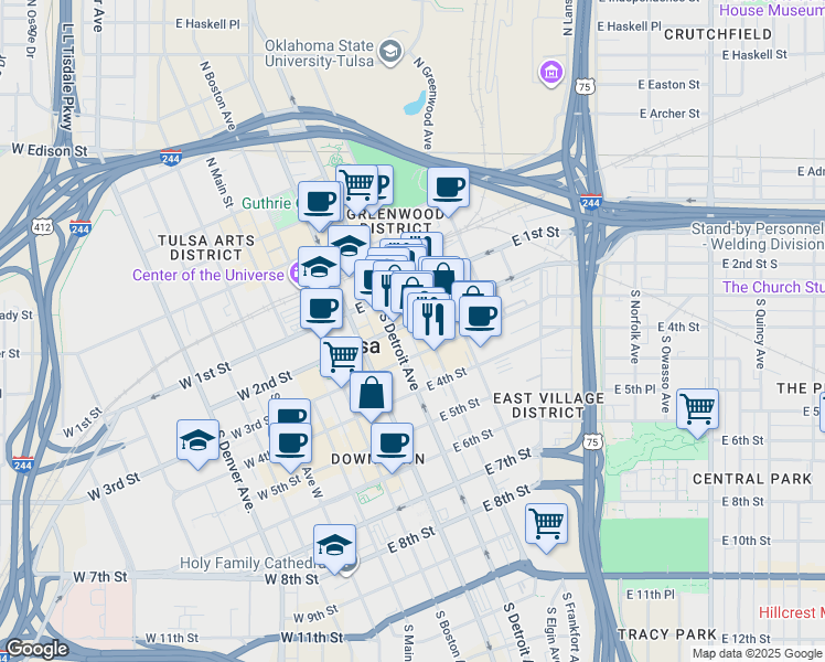 map of restaurants, bars, coffee shops, grocery stores, and more near 323 East 2nd Street in Tulsa