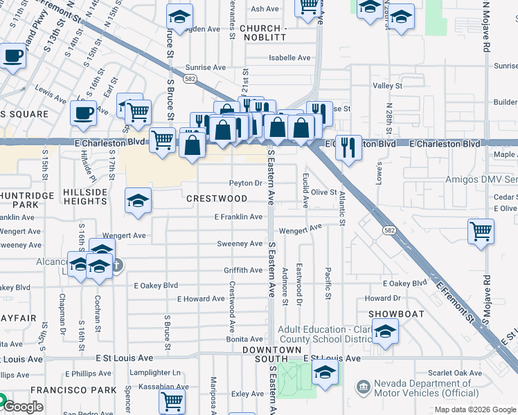 map of restaurants, bars, coffee shops, grocery stores, and more near 1206 South Eastern Avenue in Las Vegas