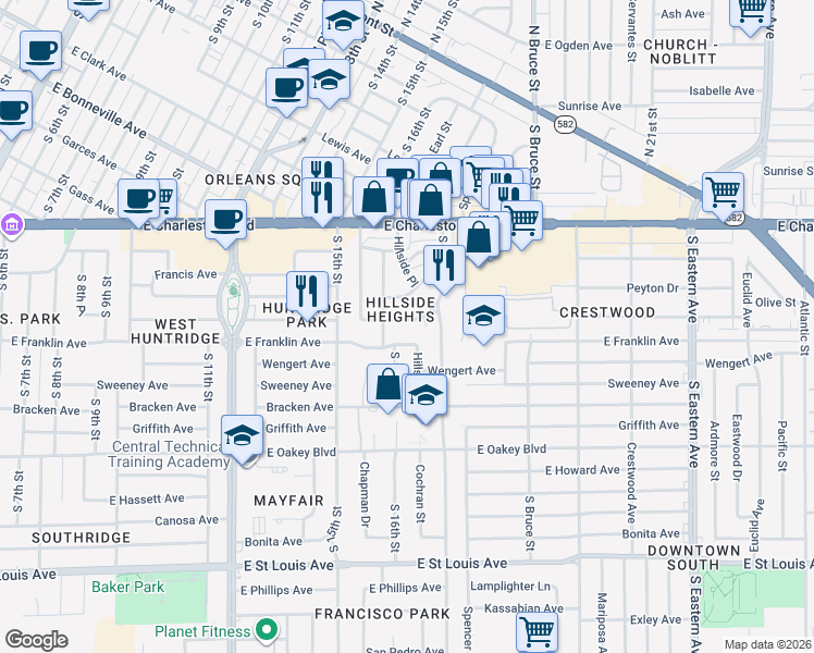 map of restaurants, bars, coffee shops, grocery stores, and more near 1625 Chapman Drive in Las Vegas