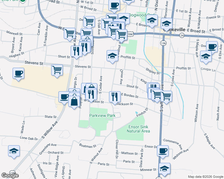 map of restaurants, bars, coffee shops, grocery stores, and more near 15 Stout Street in Cookeville