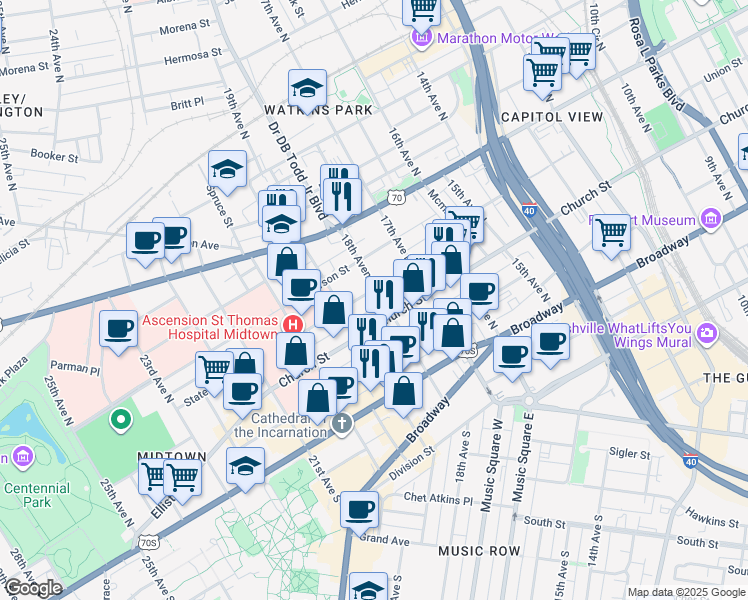 map of restaurants, bars, coffee shops, grocery stores, and more near 1808B State Street in Nashville