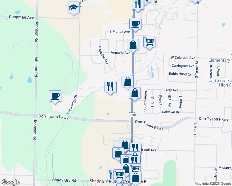 map of restaurants, bars, coffee shops, grocery stores, and more near 3108 South Thompson Street in Springdale