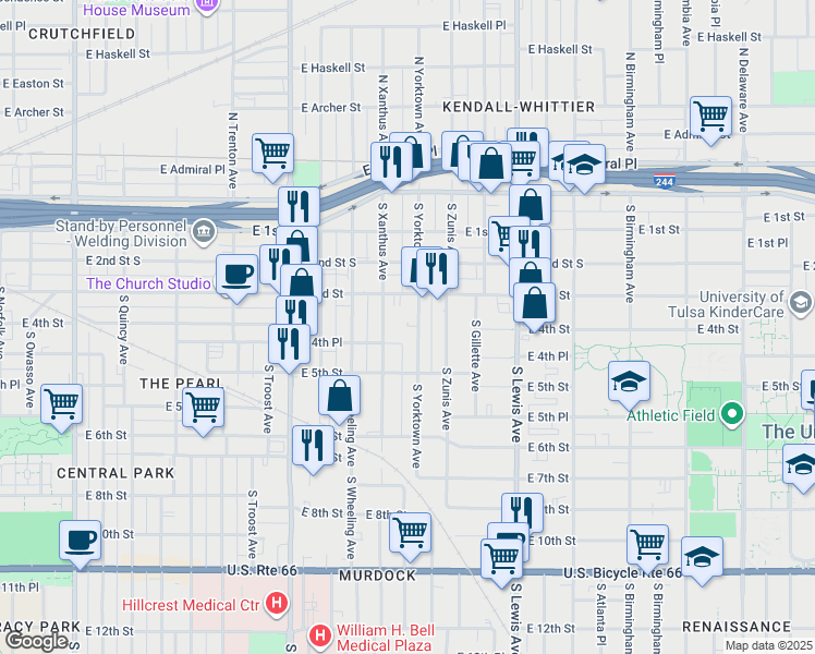 map of restaurants, bars, coffee shops, grocery stores, and more near 318 South Yorktown Avenue in Tulsa