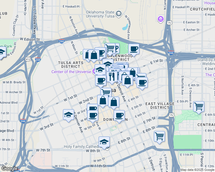 map of restaurants, bars, coffee shops, grocery stores, and more near 105 South Cincinnati Avenue in Tulsa