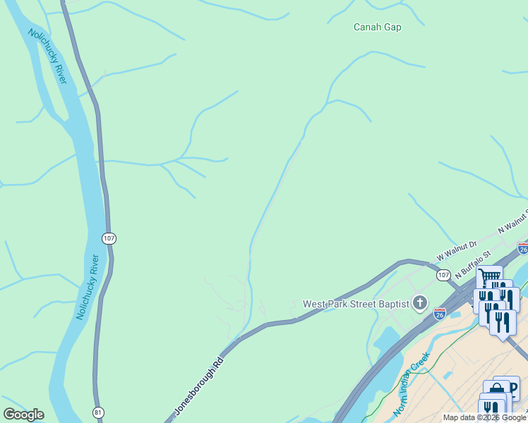 map of restaurants, bars, coffee shops, grocery stores, and more near 201 Canah Hollow Road in Erwin