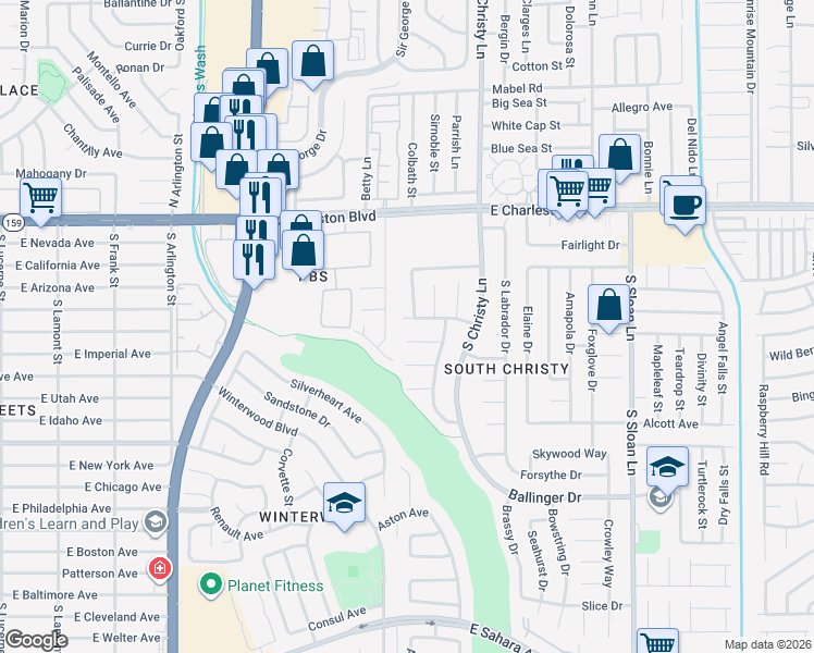 map of restaurants, bars, coffee shops, grocery stores, and more near 5415 Eastbrook Drive in Las Vegas
