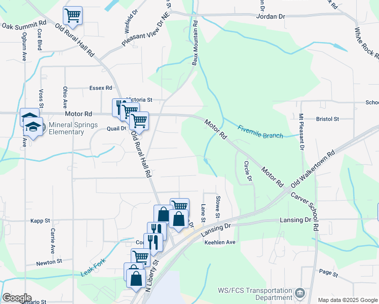 map of restaurants, bars, coffee shops, grocery stores, and more near 1279 Opportunity Road in Winston-Salem