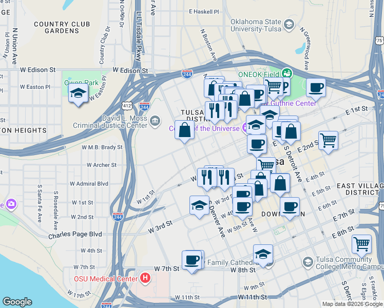 map of restaurants, bars, coffee shops, grocery stores, and more near 14 North Cheyenne Avenue in Tulsa