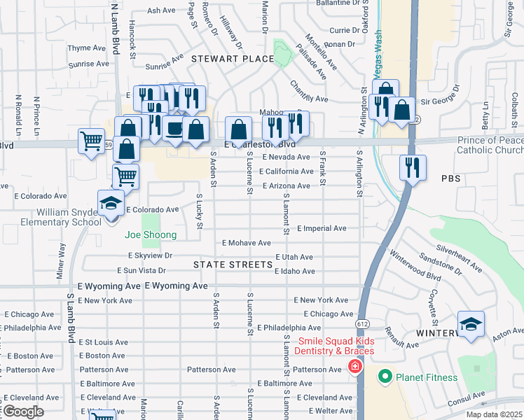 map of restaurants, bars, coffee shops, grocery stores, and more near 4738 East Yuma Avenue in Las Vegas