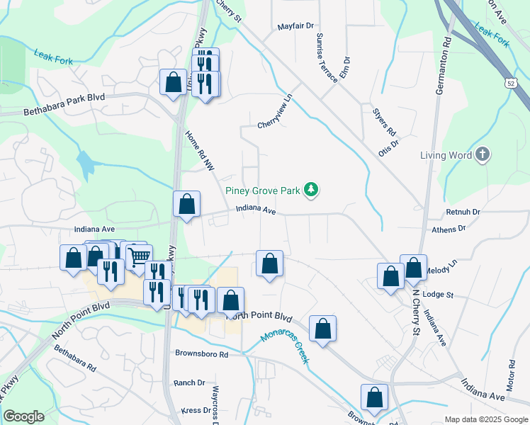 map of restaurants, bars, coffee shops, grocery stores, and more near 4840 Indiana Avenue in Winston-Salem