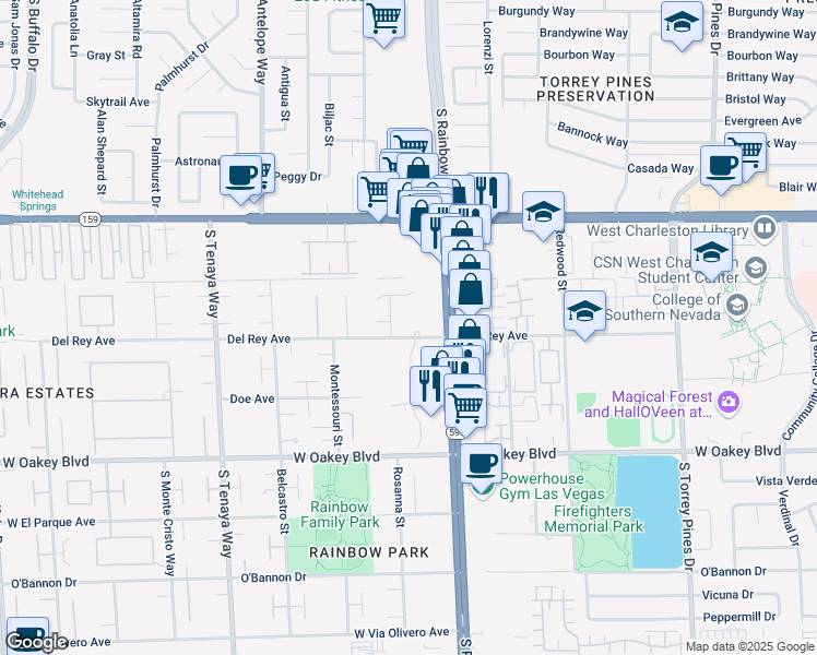 map of restaurants, bars, coffee shops, grocery stores, and more near 6960 Del Rey Avenue in Las Vegas