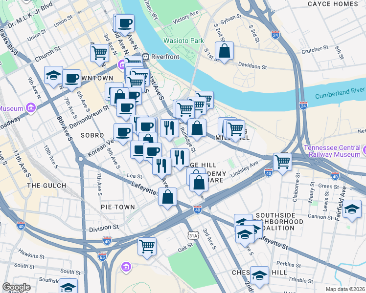 map of restaurants, bars, coffee shops, grocery stores, and more near 109 Lea Avenue in Nashville