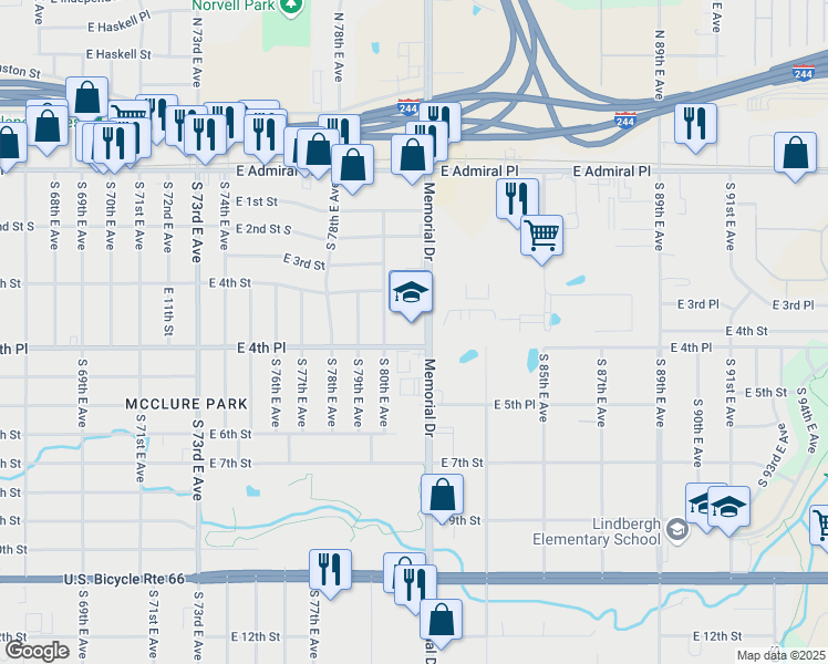 map of restaurants, bars, coffee shops, grocery stores, and more near 280 South Memorial Drive in Tulsa
