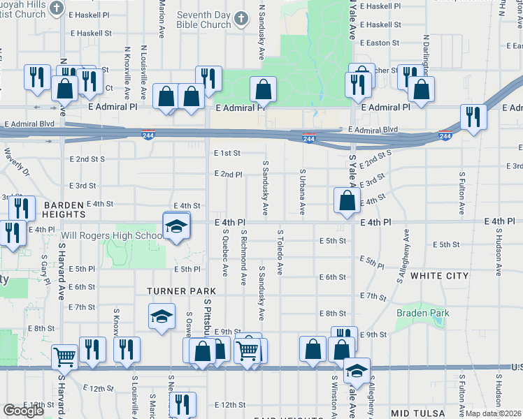 map of restaurants, bars, coffee shops, grocery stores, and more near 250 South Sandusky Avenue in Tulsa