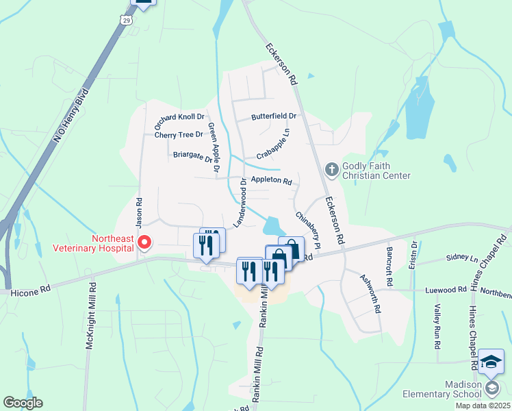 map of restaurants, bars, coffee shops, grocery stores, and more near 4104 Sunbury Dr in Greensboro
