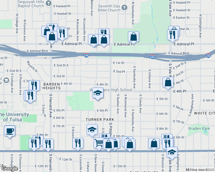 map of restaurants, bars, coffee shops, grocery stores, and more near 3940 East 4th Street in Tulsa