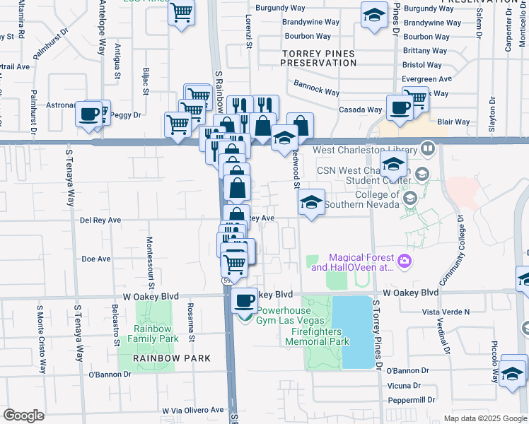 map of restaurants, bars, coffee shops, grocery stores, and more near 6750 Del Rey Avenue in Las Vegas