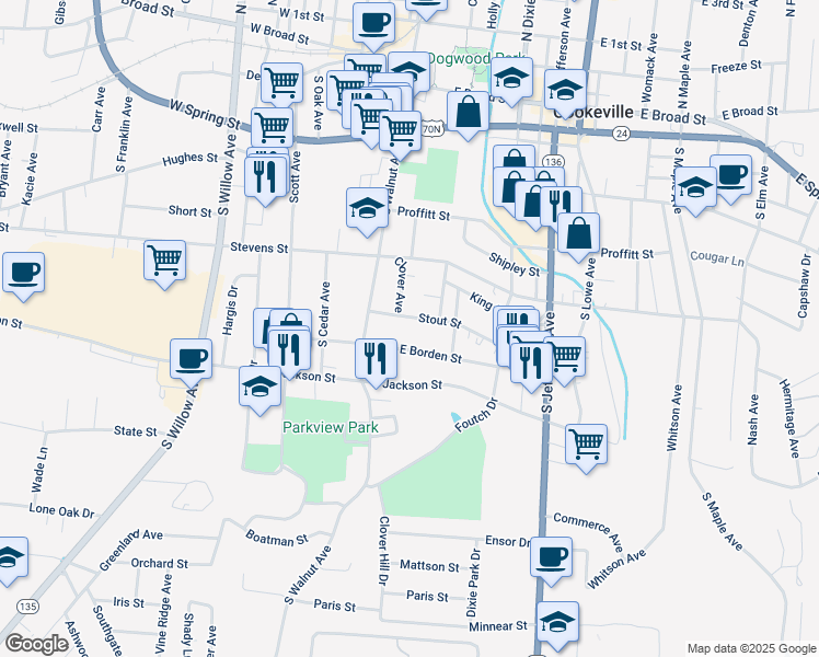 map of restaurants, bars, coffee shops, grocery stores, and more near 49a Stout Street in Cookeville