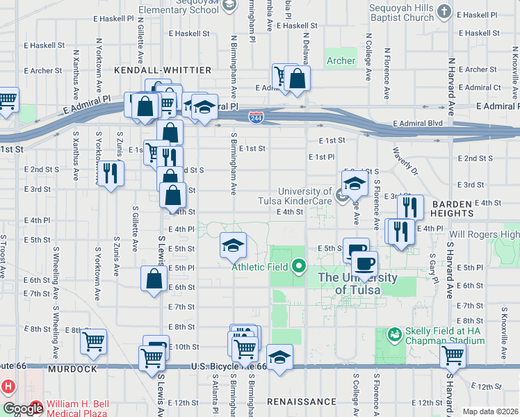 map of restaurants, bars, coffee shops, grocery stores, and more near 2637 East 4th Street in Tulsa