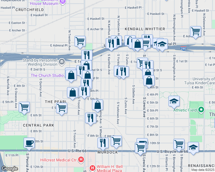 map of restaurants, bars, coffee shops, grocery stores, and more near 318 South Xanthus Avenue in Tulsa