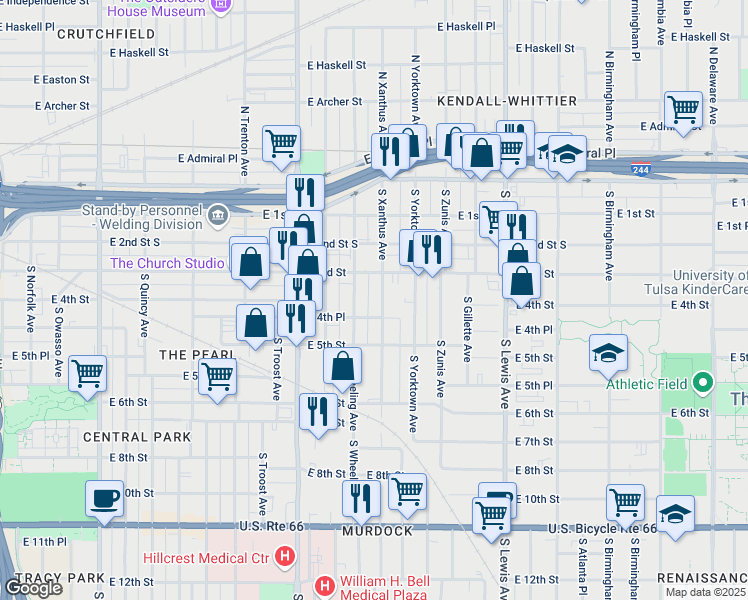 map of restaurants, bars, coffee shops, grocery stores, and more near 318 South Xanthus Avenue in Tulsa
