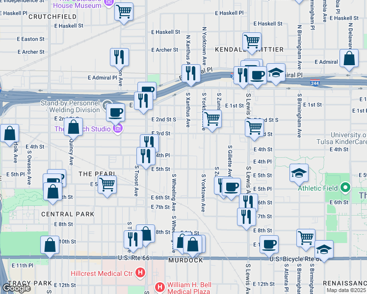 map of restaurants, bars, coffee shops, grocery stores, and more near 318 South Xanthus Avenue in Tulsa
