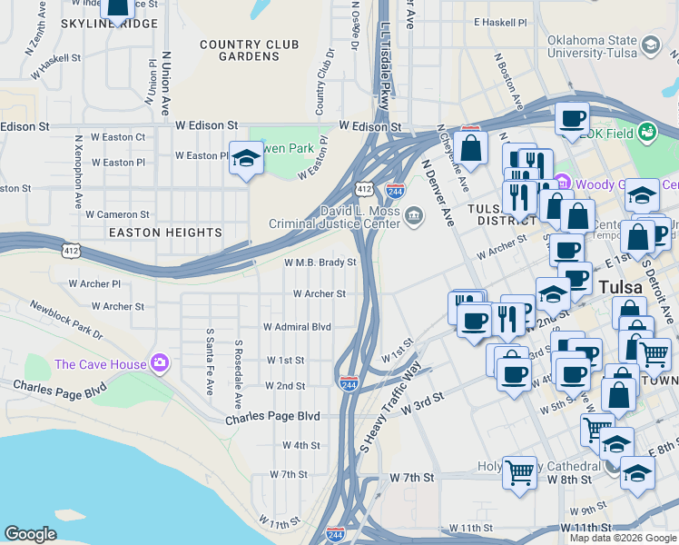 map of restaurants, bars, coffee shops, grocery stores, and more near 924 West M.B. Brady Street in Tulsa