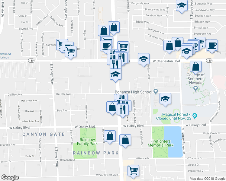 map of restaurants, bars, coffee shops, grocery stores, and more near 1401 S Rainbow Blvd in Las Vegas
