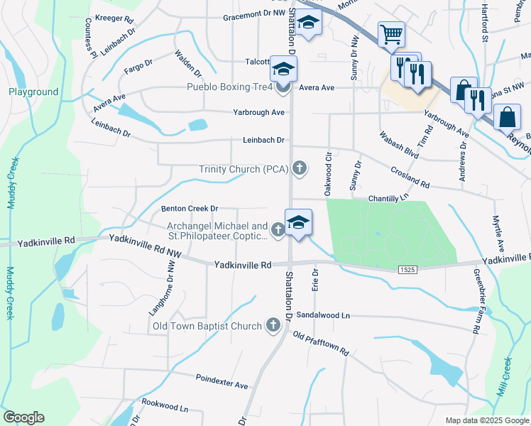 map of restaurants, bars, coffee shops, grocery stores, and more near 3966 Benton Creek Drive in Winston-Salem