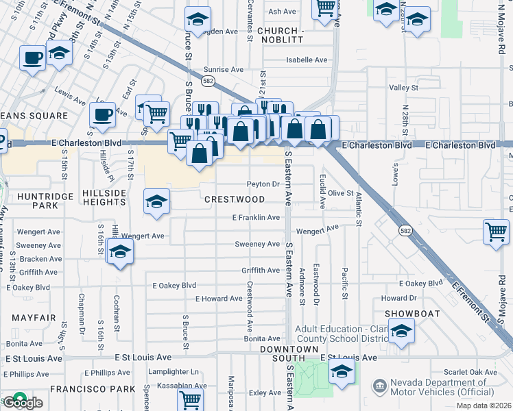 map of restaurants, bars, coffee shops, grocery stores, and more near 2004 Houston Drive in Las Vegas