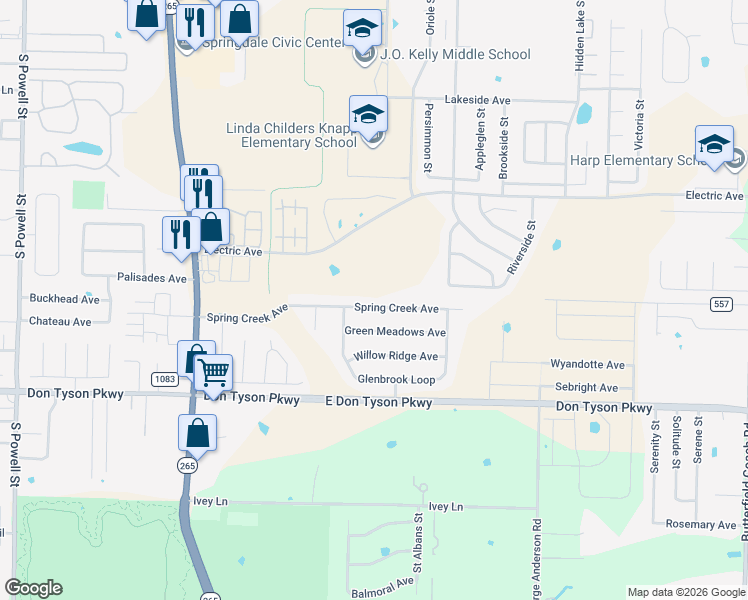 map of restaurants, bars, coffee shops, grocery stores, and more near 1798 Spring Creek Avenue in Springdale