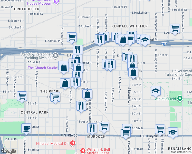 map of restaurants, bars, coffee shops, grocery stores, and more near 318 South Xanthus Avenue in Tulsa