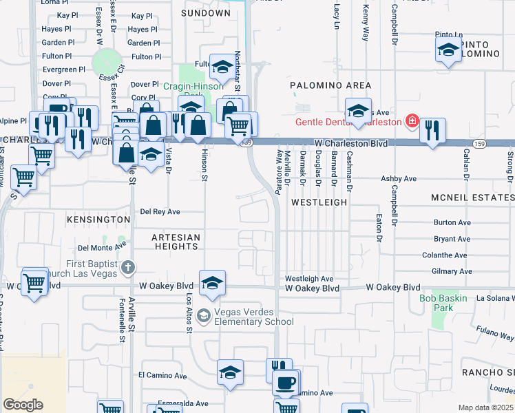 map of restaurants, bars, coffee shops, grocery stores, and more near 1400 South Valley View Boulevard in Las Vegas