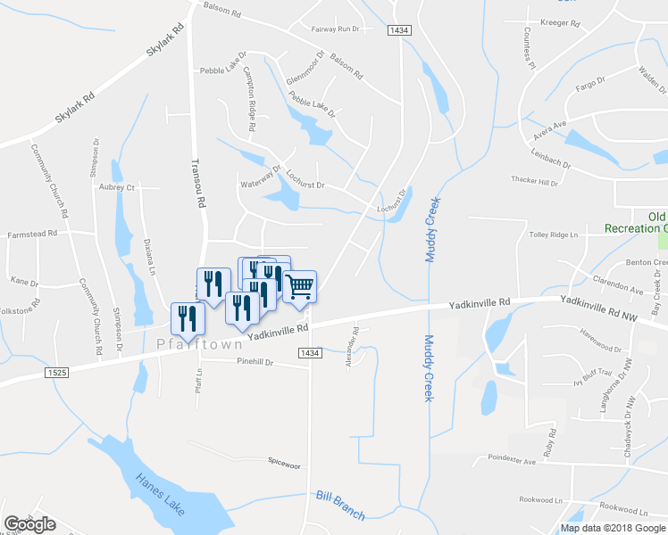 map of restaurants, bars, coffee shops, grocery stores, and more near 3255 Grandview Club Road in Pfafftown