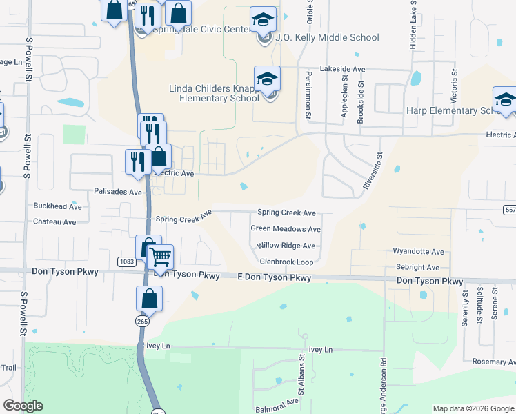 map of restaurants, bars, coffee shops, grocery stores, and more near 1798 Spring Creek Avenue in Springdale