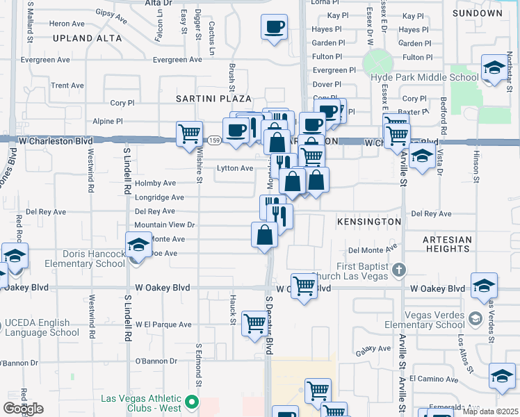 map of restaurants, bars, coffee shops, grocery stores, and more near 5104 Del Rey Avenue in Las Vegas