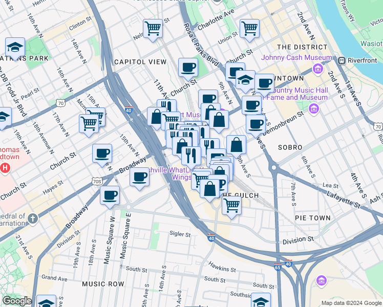map of restaurants, bars, coffee shops, grocery stores, and more near McGavock Street in Nashville