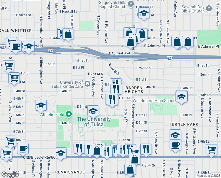 map of restaurants, bars, coffee shops, grocery stores, and more near 302 South Gary Avenue in Tulsa